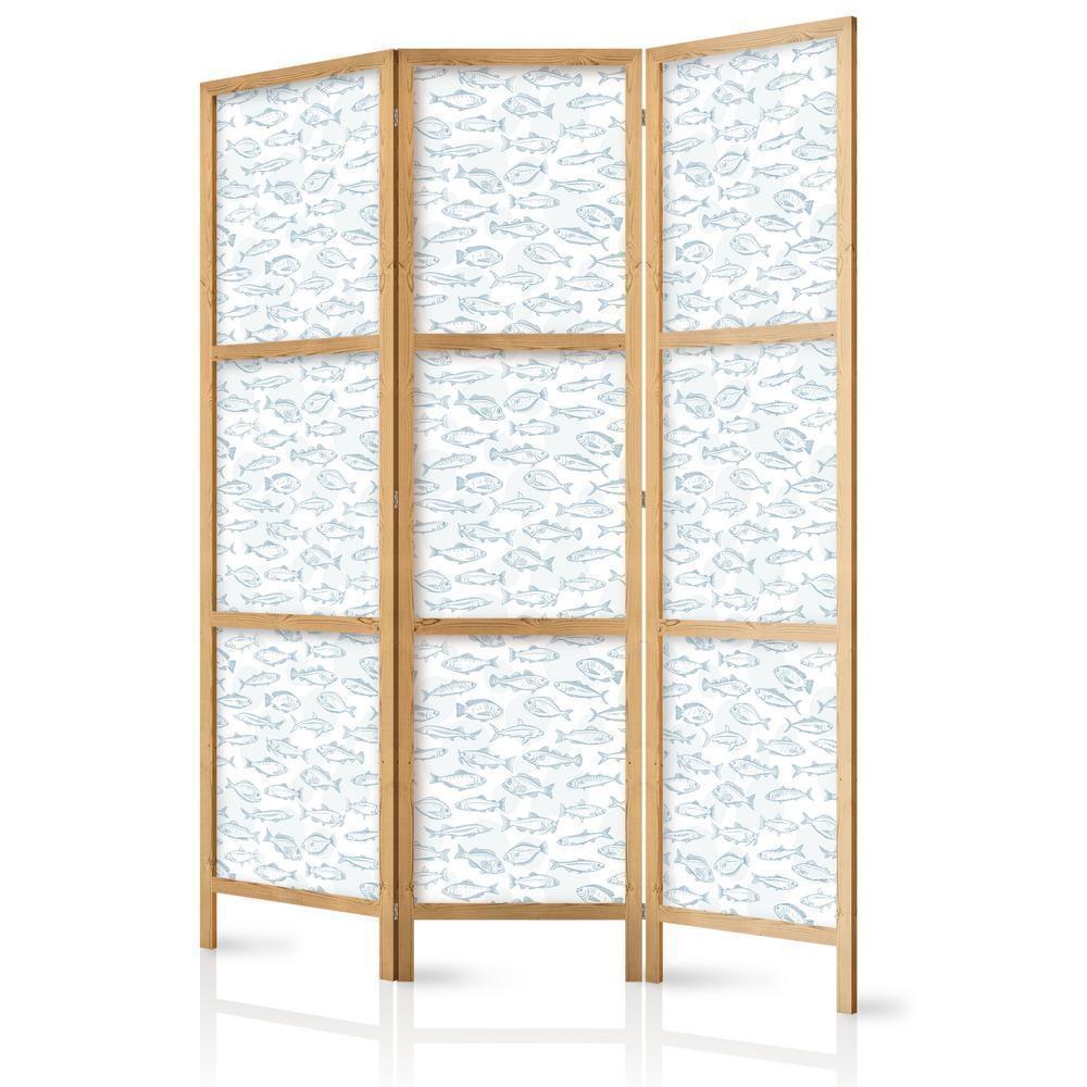 Japanese Room Divider - Blue Fish - Blue Outlines of Various Fish Species on a White-Blue Background