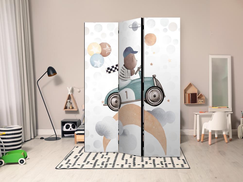 Room Divider - Galactic Races - Bear Participating in Car Races Among Planets - Clouds - and Stars in Pastel Hues