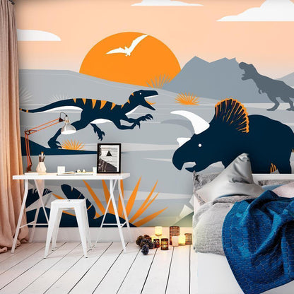 Wall Mural - Last dinosaurs with orange - abstract landscape for a room-Wall Murals-ArtfulPrivacy