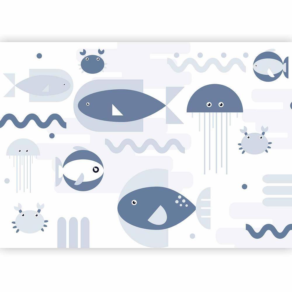 Wall Mural - Minimalist ocean - geometric fish and crabs in water for kids