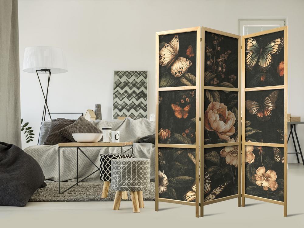 Japanese Room Divider - Mysterious Garden - Butterflies Flying Over Flowers - Rustic Evening