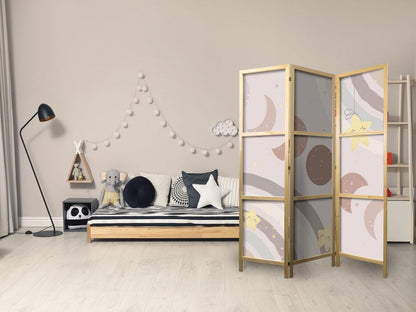 Japanese Room Divider - Joyful Sky - Yellow cheerful stars with a rainbow against the moon phases - in the sky colored light beige