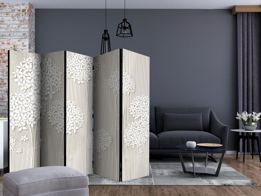 Room Divider - Creamy Daintiness II- A 5 Panel Folding Screen For Living rooms, bedrooms or home office, decorative folding screen made with wood and canvas