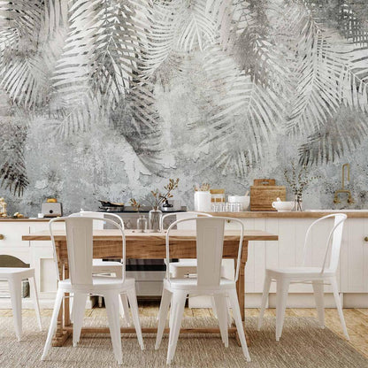 Wall Mural - Light and shadow - grey and white composition with floral motif and pattern