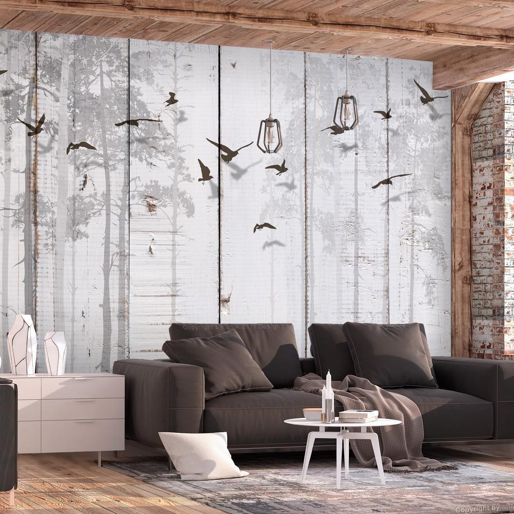 Wall Mural - Minimalist motif - black birds on a white background with wood texture-Wall Murals-ArtfulPrivacy