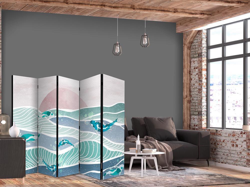 Room Divider - Picturesque Landscape With Fish - Sunset And Koi Fish in Shades of Turquoise And Blue Floating Above The Water- A 5 Panel Folding Screen For Living rooms, bedrooms or home office, decorative folding screen made with wood and canvas