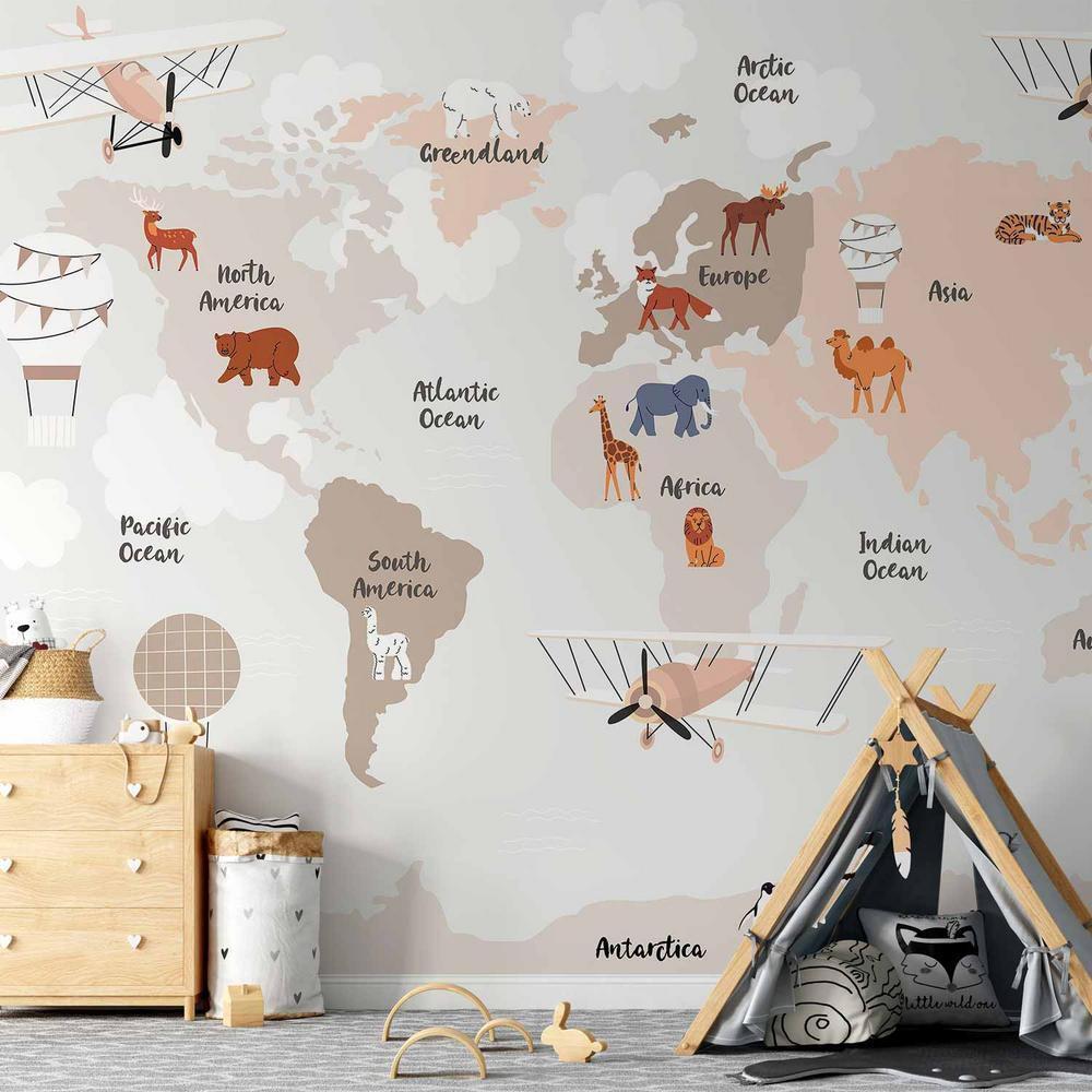 Wall Mural - World Map in Beige Tones for Children's Room