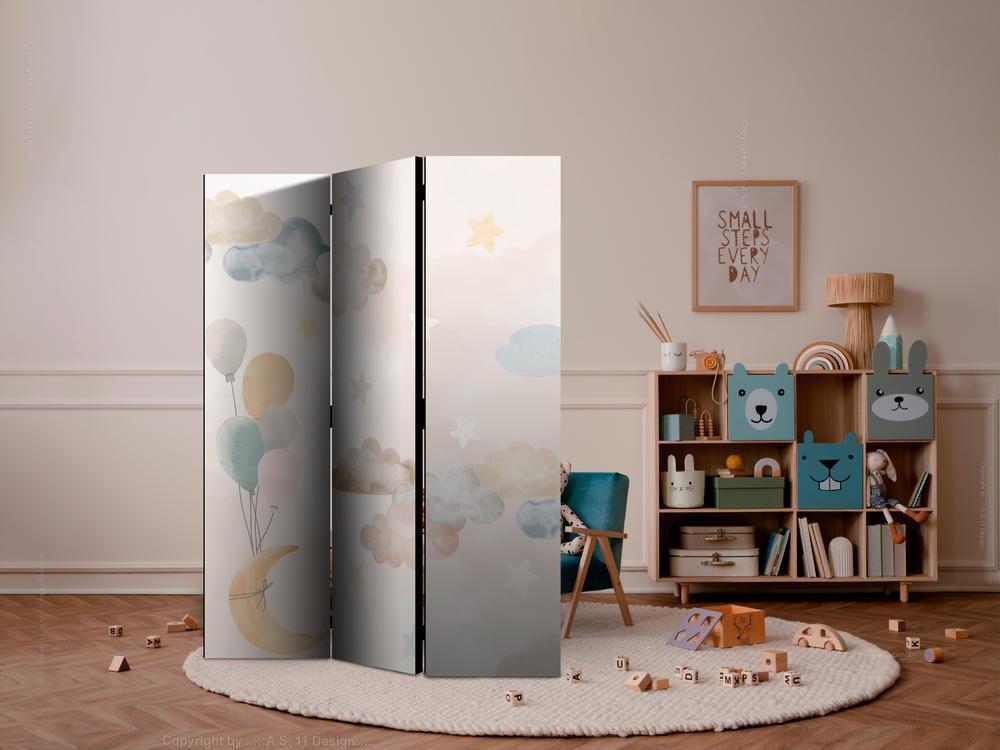 Room Divider - Fairy-Tale Moon - Moon with Balloons Among Clouds and Stars in Subdued Colors on a Light Beige Background