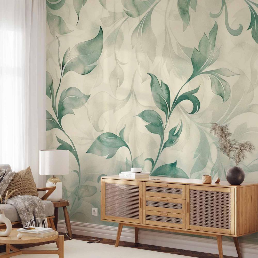 Wall Mural - Watercolor Botanical Motif Delicate Green-Beige Leaves