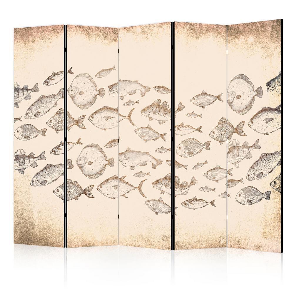 Room Divider - Sketch of a Fish School - Sketches of Various Fish Species Swimming in a School on a Beige Background in Vintage Style- A 5 Panel Folding Screen For Living rooms, bedrooms or home office, decorative folding screen made with wood and canvas