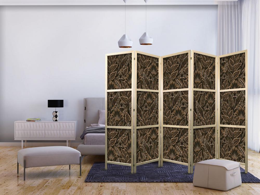 Japanese Room Divider - Dense Vegetation - Botanical Patterns in Illustrative Style Brown