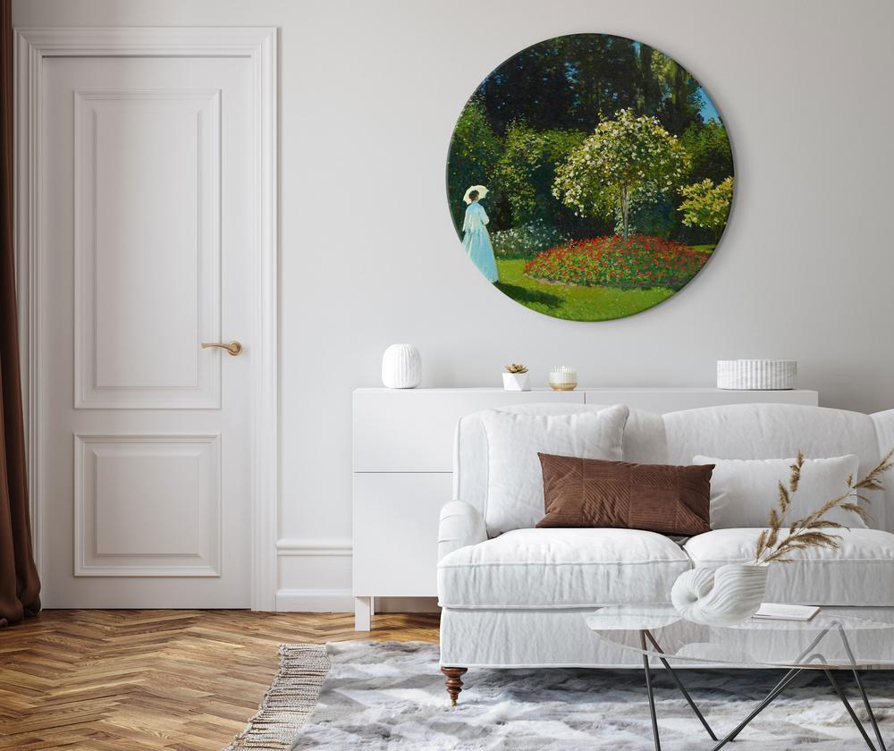 Circle shape wall decoration with printed design - Round Canvas Print - Woman in the Garden by Claude Monet - A Landscape of Vegetation in Spring - ArtfulPrivacy