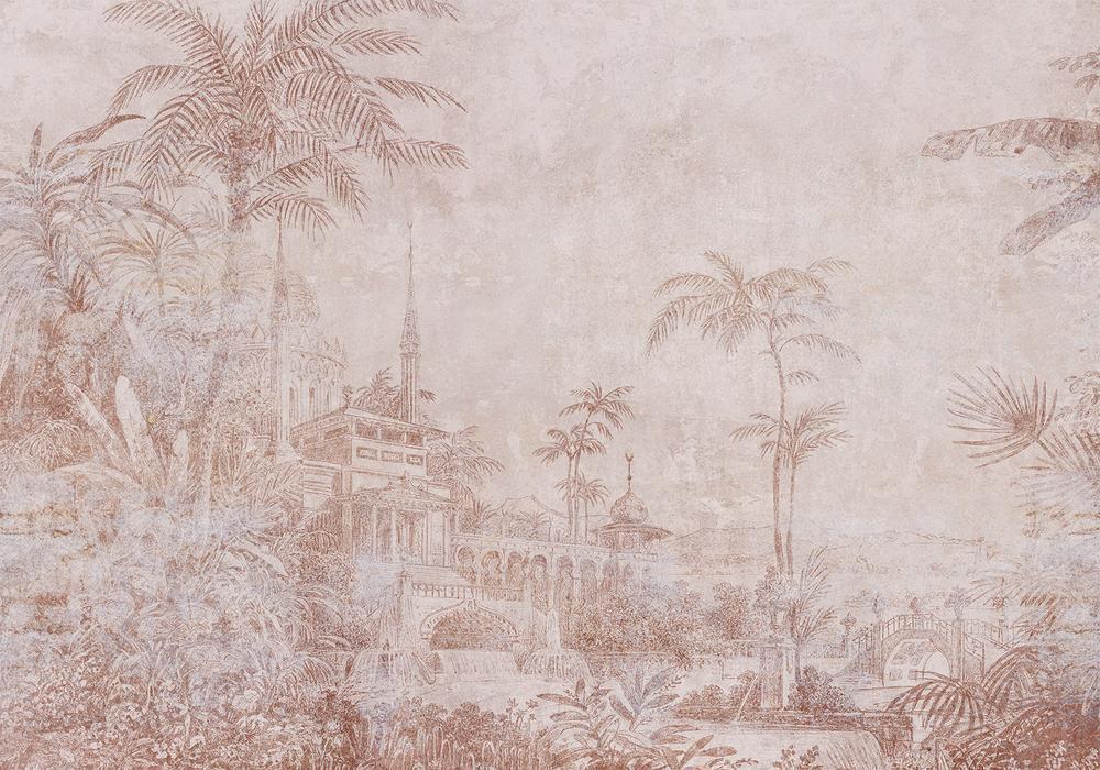 Wall Mural - Landscape with temple - engraving of Indian architecture with palm trees-Wall Murals-ArtfulPrivacy