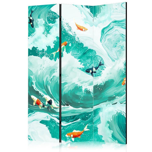 Room Divider - Koi Fish Among Waves - Japanese Fish Among Waves in Shades of Turquoise And White