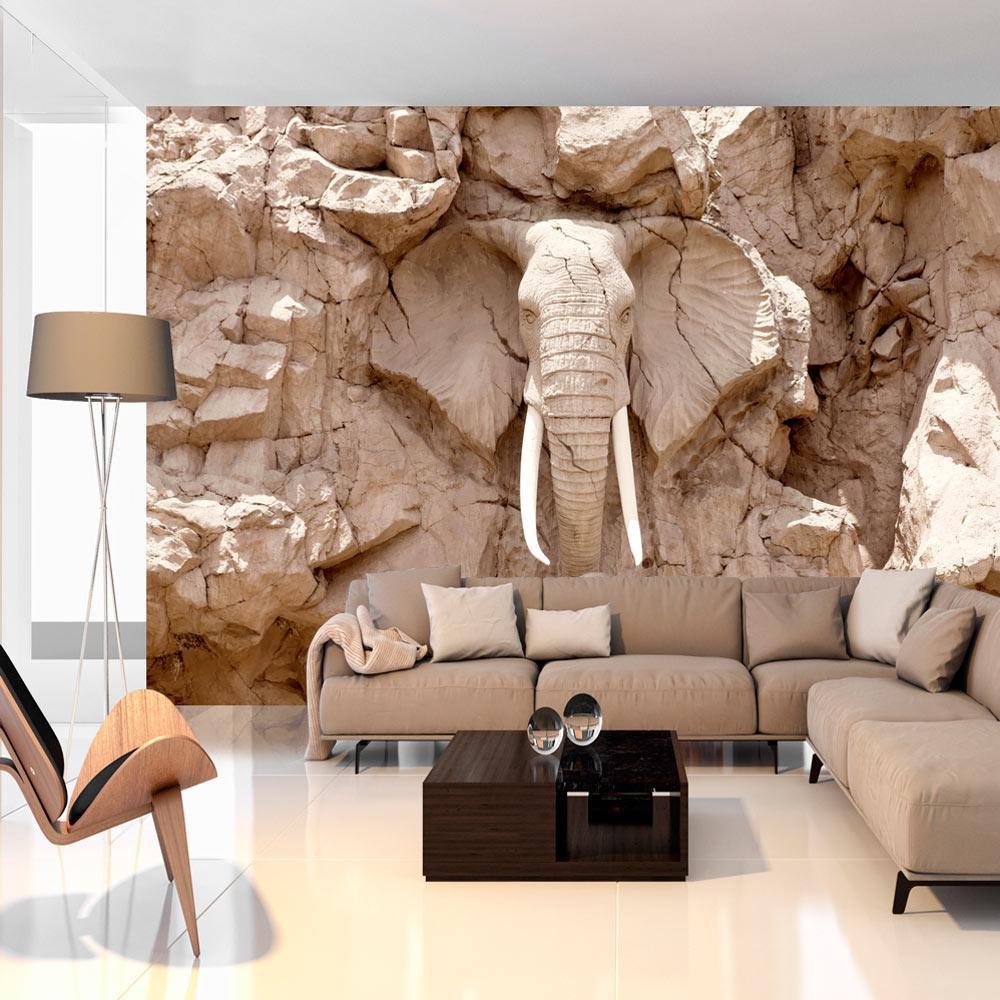 Wall Mural - African Elephant Sculpture - Animal Motif of Sculpture in Light Stone-Wall Murals-ArtfulPrivacy