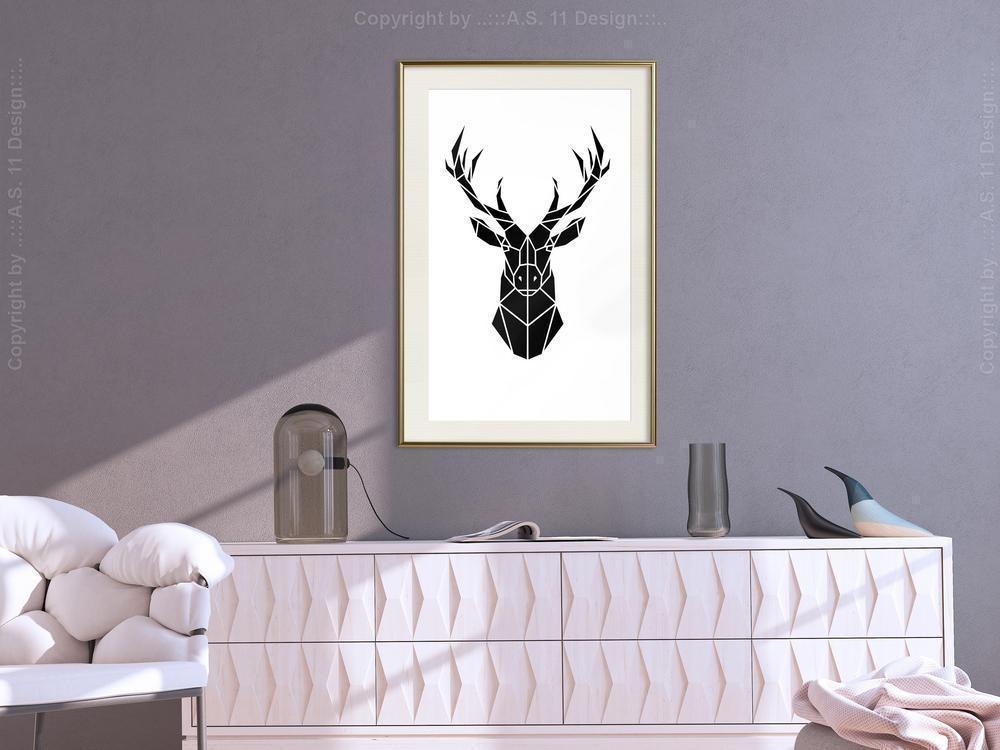 Black and White Framed Poster - Geometric Stag-artwork for wall with acrylic glass protection