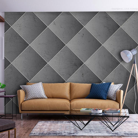 Wall Mural - Grey symmetry - geometric concrete pattern with white joints-Wall Murals-ArtfulPrivacy
