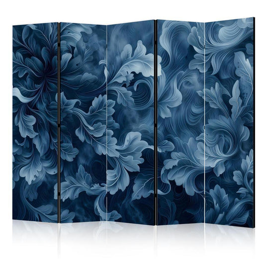 Room Divider - Abstract Ornaments - Dark Blue Victorian Leaves- A 5 Panel Folding Screen For Living rooms, bedrooms or home office, decorative folding screen made with wood and canvas