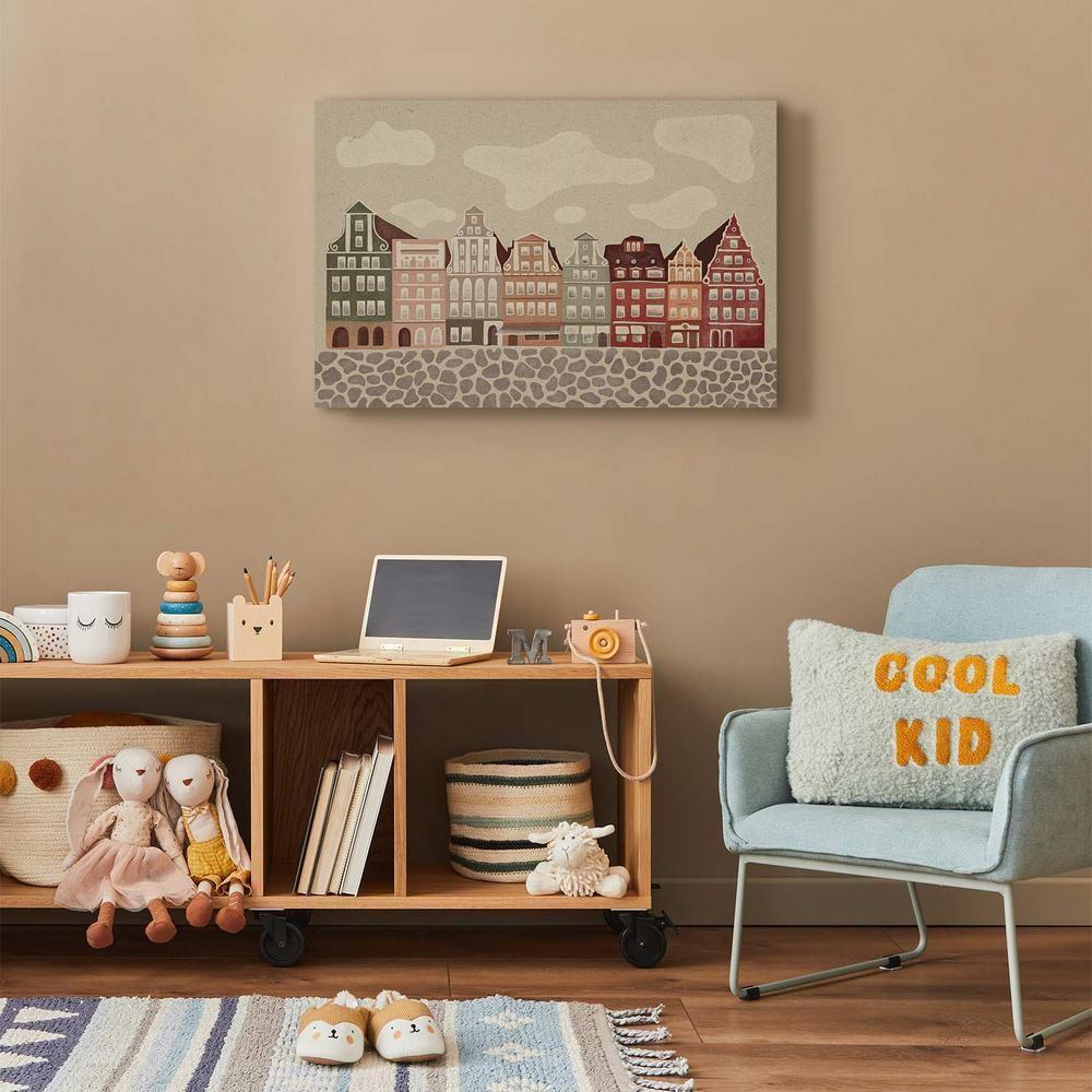 Canvas Print - Salt Square - Colorful Illustrated Townhouses Against a Cloudy Sky Background