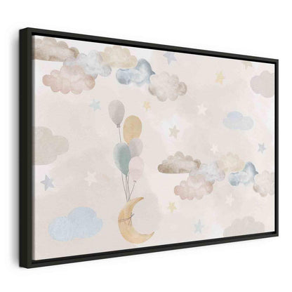 Canvas Print - Fairy-Tale Moon - Pastel Moon with Balloons Among Colorful Clouds and Stars in Subdued Colors on a Light Background