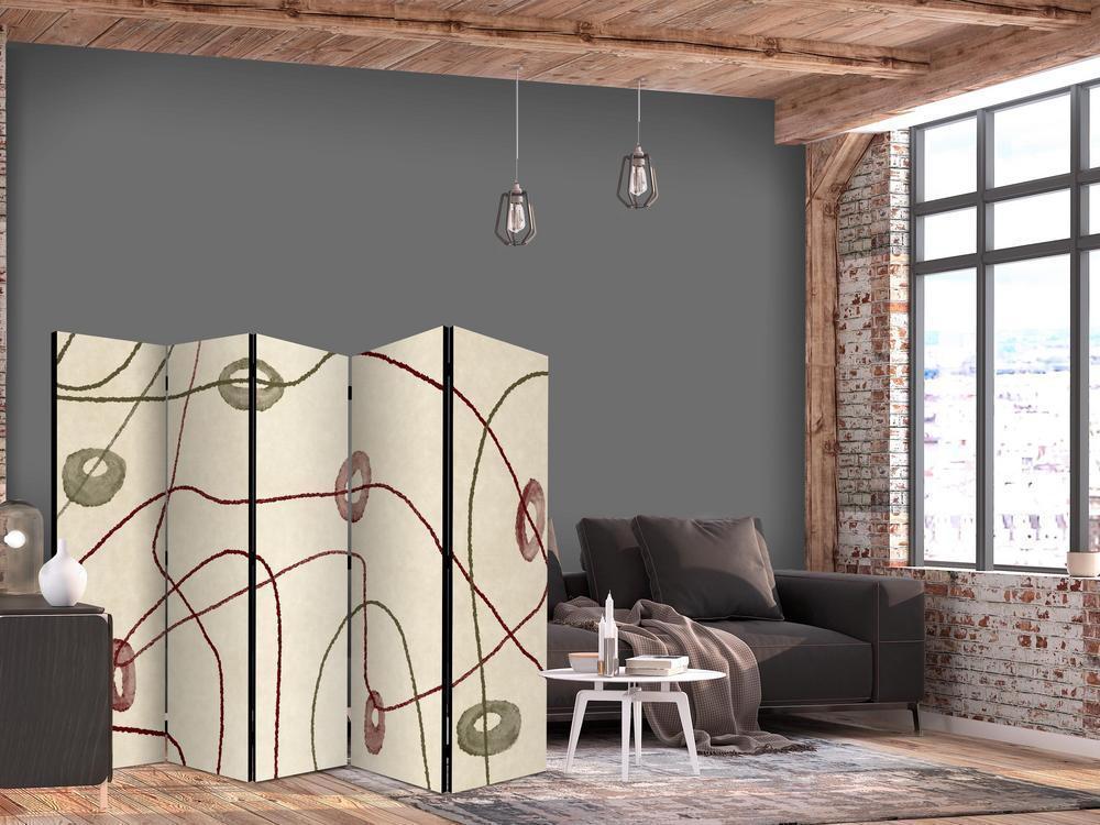 Room Divider - Labyrinth with Beads - Minimalist Abstraction on a Worn Background- A 5 Panel Folding Screen For Living rooms, bedrooms or home office, decorative folding screen made with wood and canvas