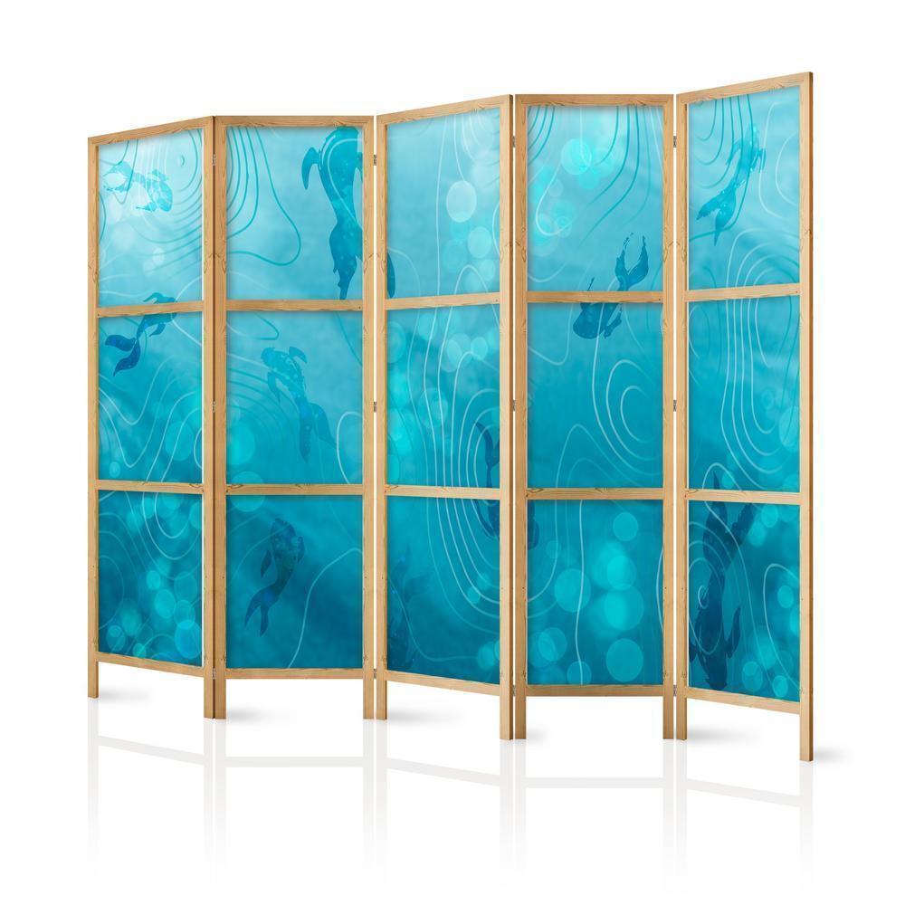 Japanese Room Divider - Koi Fish Under the Water Surface - a Cluster of Japanese Fish in the Depths of the Pond in Shades of Navy and Blue