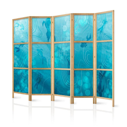 Japanese Room Divider - Koi Fish Under the Water Surface - a Cluster of Japanese Fish in the Depths of the Pond in Shades of Navy and Blue