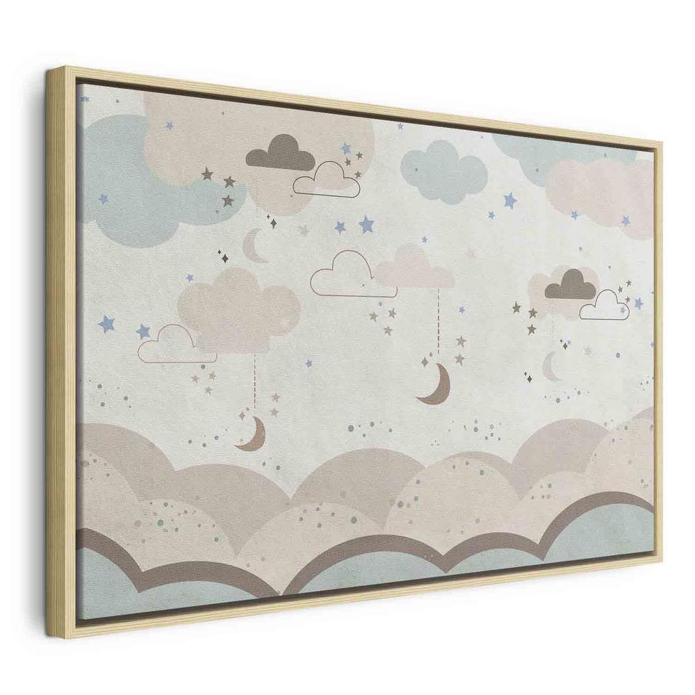 Canvas Print - Cloudy Night Sky - Moons in Brown and Beige Hues Among Clouds and Numerous Little Stars on a Light Background