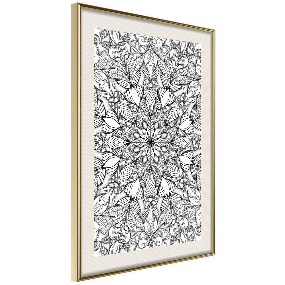 Black and White Framed Poster - Colourless Mandala-artwork for wall with acrylic glass protection