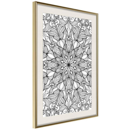 Black and White Framed Poster - Colourless Mandala-artwork for wall with acrylic glass protection