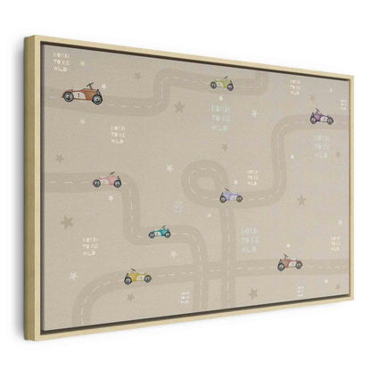 Canvas Print - Race - Colorful Cars on a Road on a Beige Background with Inscriptions