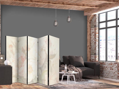 Room Divider - Blooming Peonies - Bright Large Flowers Enveloped in White Mist- A 5 Panel Folding Screen For Living rooms, bedrooms or home office, decorative folding screen made with wood and canvas