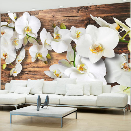 Wall Mural - Forest Orchid - Natural White Flowers on a Background of Old Dark Wood-Wall Murals-ArtfulPrivacy