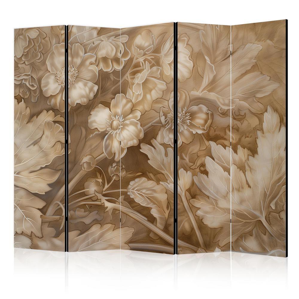 Room Divider - Carved Floral Ornaments in Soft Sepia and Brown Tones- A 5 Panel Folding Screen For Living rooms, bedrooms or home office, decorative folding screen made with wood and canvas