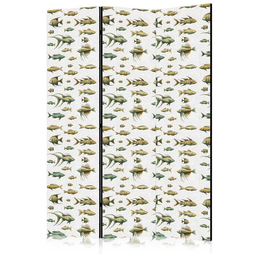 Room Divider - Unusual Species of Fish - A Cluster of Fish in Muted Colors in Retro Style on a Background of Beige Strokes