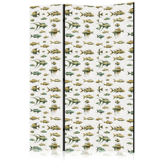 Room Divider - Unusual Species of Fish - A Cluster of Fish in Muted Colors in Retro Style on a Background of Beige Strokes