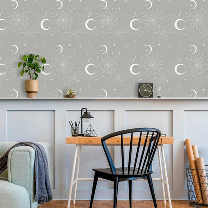 Wallpaper - Cosmic Fireworks - Elegant pattern with moons and stars on a gray background