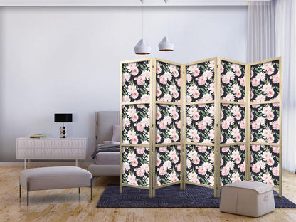 Japanese Room Divider - Peonies - Pink Flowers and Green Leaves on a Graphite Background