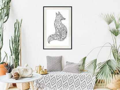 Black and White Framed Poster - Openwork Fox-artwork for wall with acrylic glass protection