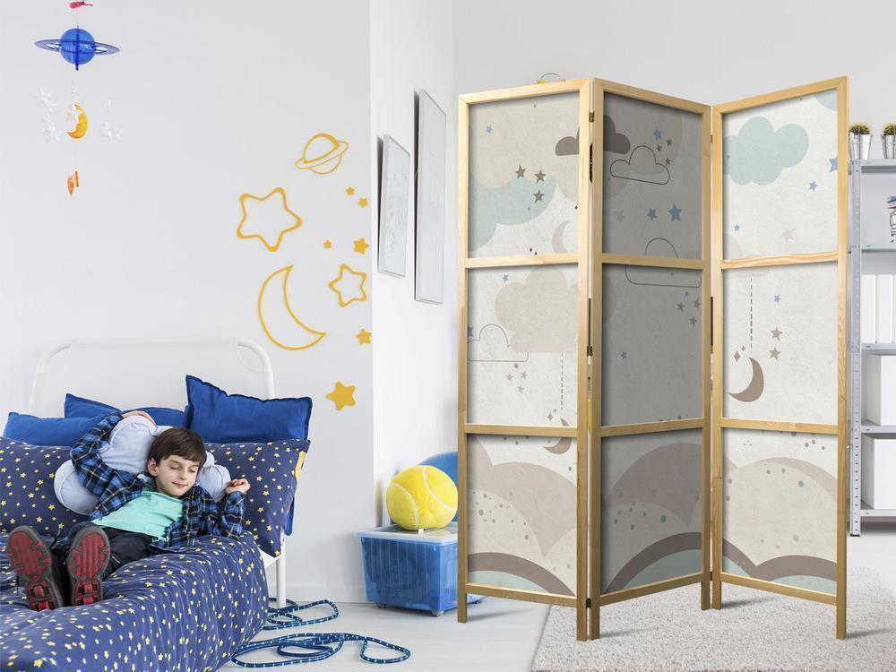 Japanese Room Divider - Cloudy Night Sky - Moons in browns and beiges among numerous clouds and stars on a light background