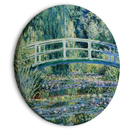 Circle shape wall decoration with printed design - Round Canvas Print - Bridge at Giverny Claude Monet - Spring Landscape of a Forest With a River - ArtfulPrivacy