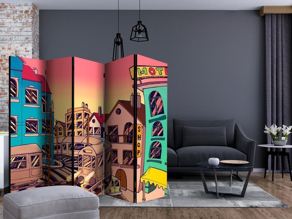 Room Divider - Morning in a city II- A 5 Panel Folding Screen For Living rooms, bedrooms or home office, decorative folding screen made with wood and canvas