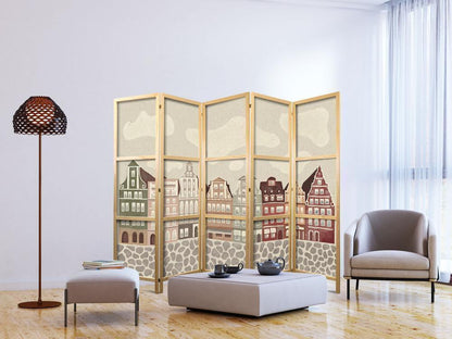 Japanese Room Divider - Solny Square - Colorfully Illustrated Townhouses Against a Sky with Clouds