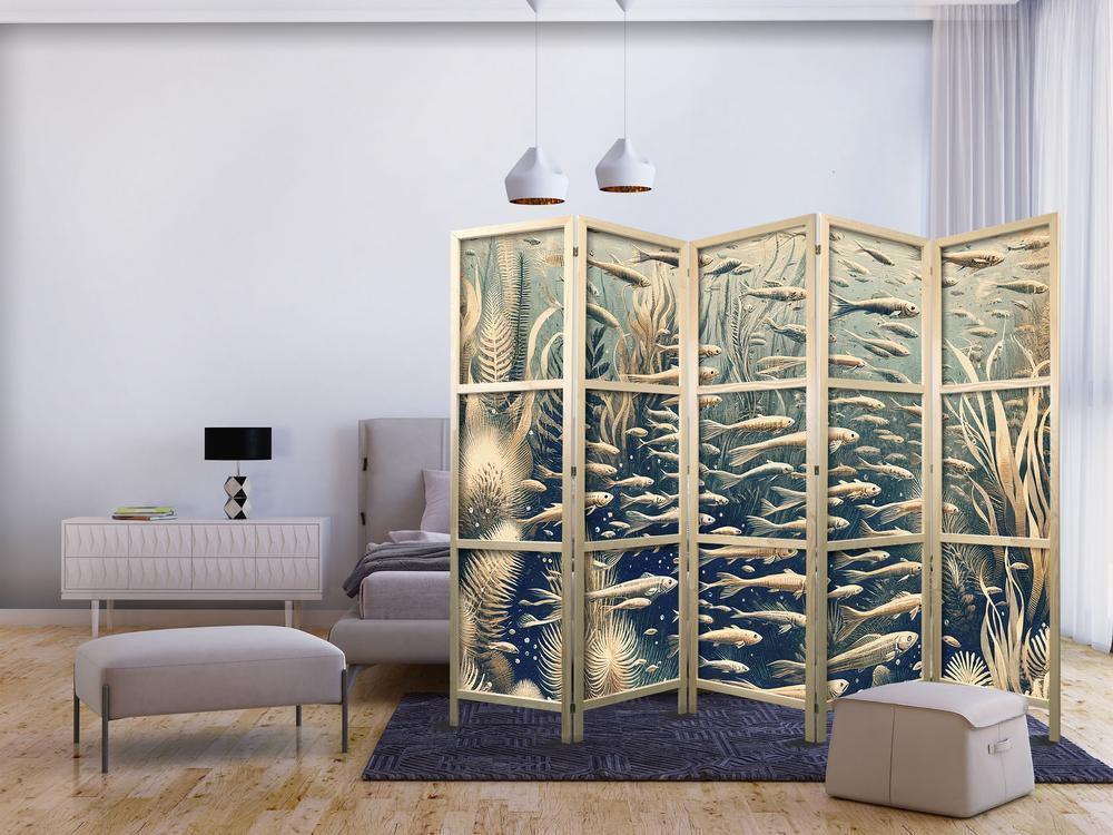 Japanese Room Divider - Life in The Ocean - Underwater World of Fish And Vegetation in Beige And Navy Colors in Retro Style