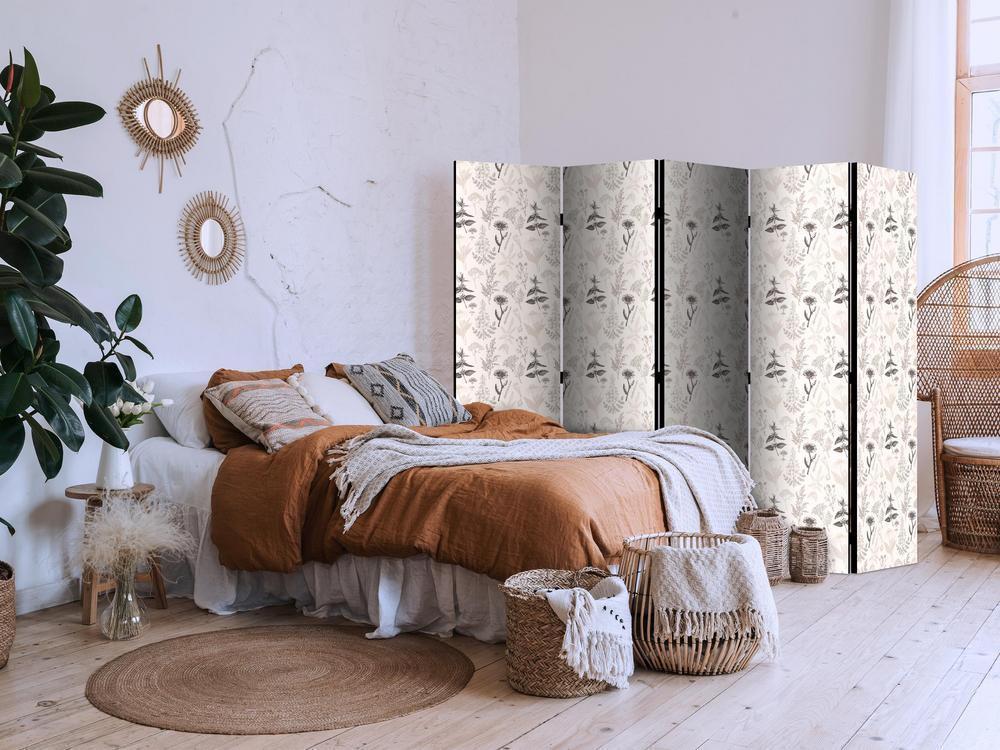 Room Divider - Botanical Illustration - Drawing of Flowers and Herbs - Beige Grays- A 5 Panel Folding Screen For Living rooms, bedrooms or home office, decorative folding screen made with wood and canvas