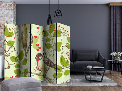 Room Divider - Bird and lilies vintage pattern II- A 5 Panel Folding Screen For Living rooms, bedrooms or home office, decorative folding screen made with wood and canvas