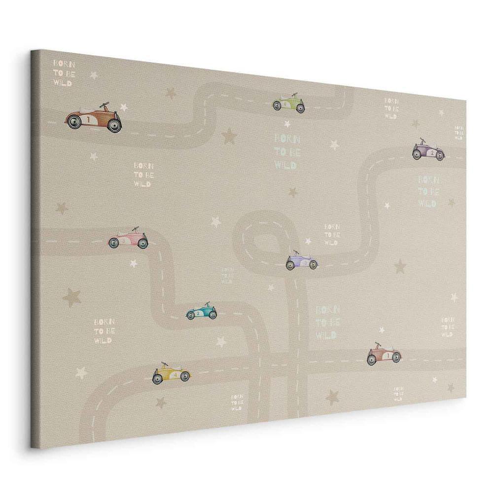 Canvas Print - Race - Colorful Cars on a Road on a Beige Background with Inscriptions