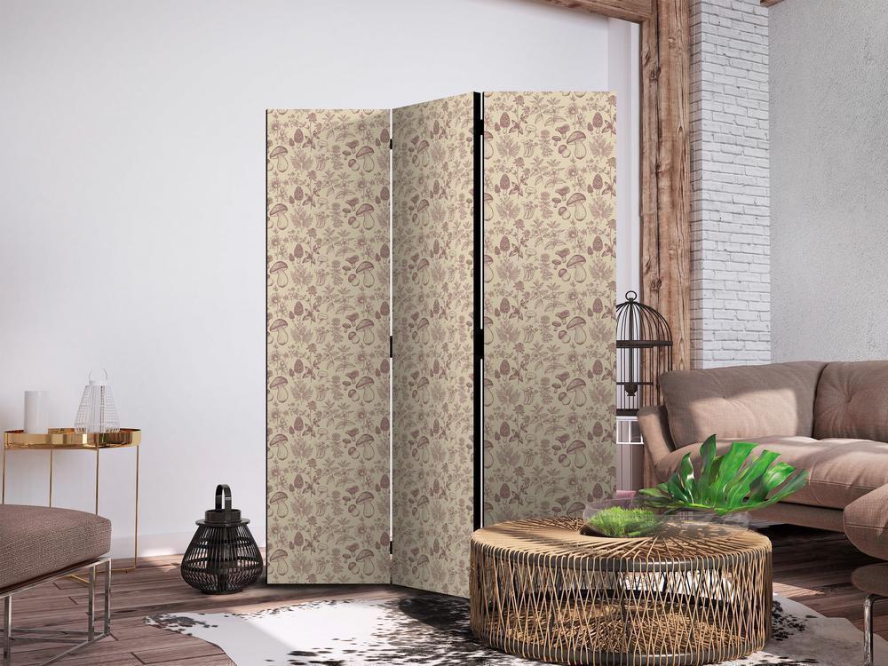 Room Divider - Beige Nature of the Forest - Mushrooms Flowers and Herbs on a Light Background