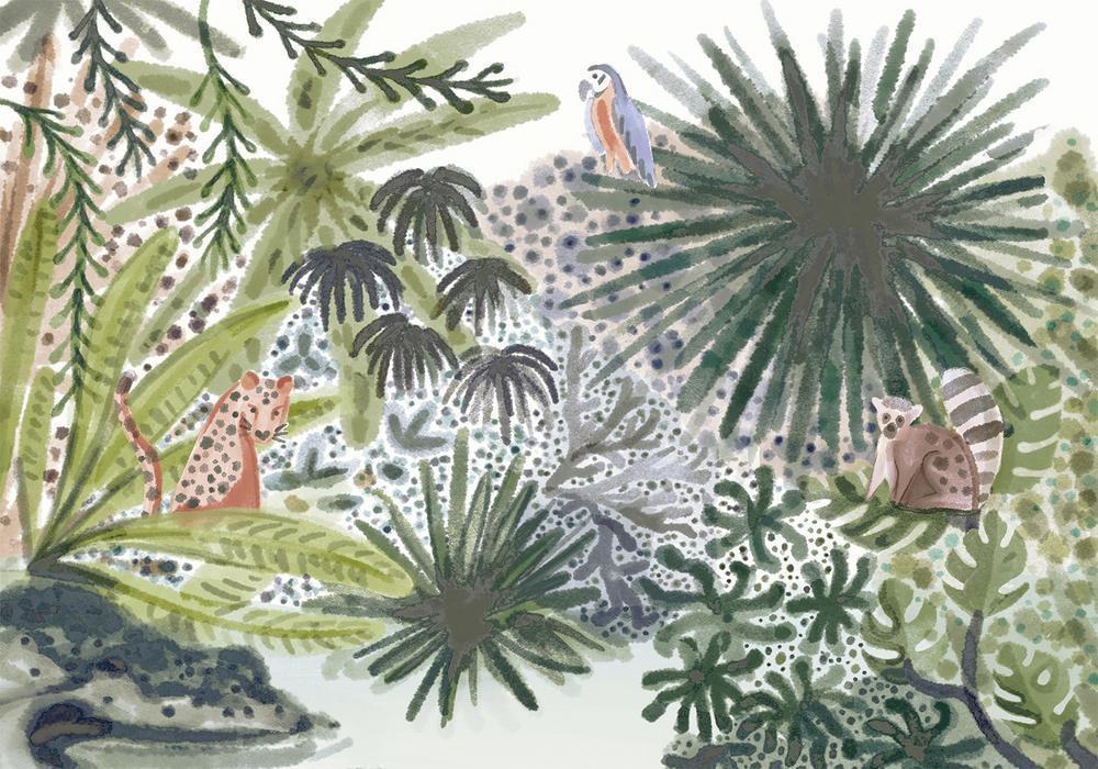 Wall Mural - Flora of Madagascar - Tropical Landscape With Watercolour Animals-Wall Murals-ArtfulPrivacy