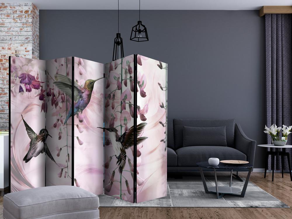 Room Divider - Flying Hummingbirds (Pink) II- A 5 Panel Folding Screen For Living rooms, bedrooms or home office, decorative folding screen made with wood and canvas